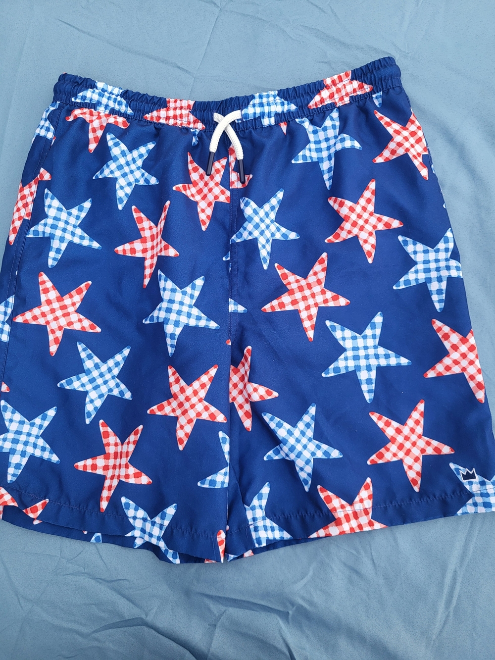 crown & ivy Blue Kids Swim Trunks with Red and Light Blue Gingham Stars